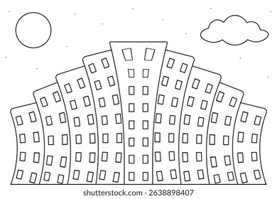 Night city landscape. Sketch. Vector illustration. Multi-storey, apartment building with many windows. Full moon, cloud and stars in the sky. Outline on an isolated white background. Doodle style.