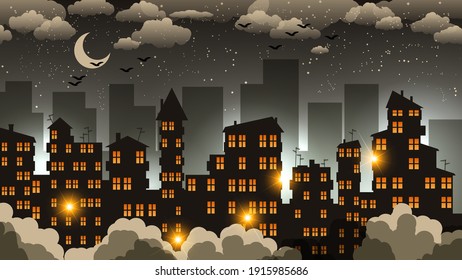 night city landscape. skyscrapers in lights, urban greenery, under the night sky with the moon, clouds, stars, silhouettes of flying birds. vector