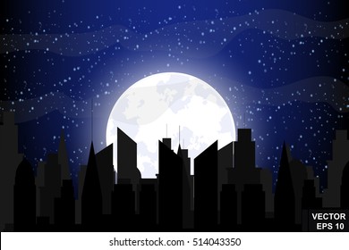 Night city. Landscape. Sleep. Full moon. Flat stil.Otdyh.