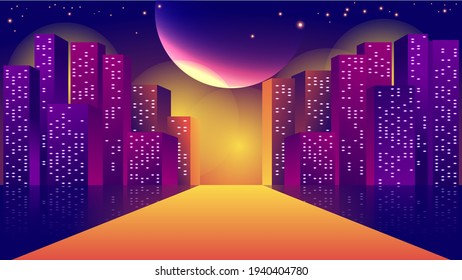 night city landscape. street road among houses and skyscrapers with glowing windows against the background of the night sky with a huge moon and stars. vector 