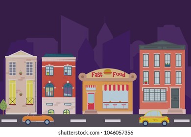 Night city landscape. Urban landscape in flat style. Vector illustration.