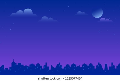 Night city landscape vector gradient illustration of bright moon and stars in the purple sky. Urban background with building silhouette in midnight scene.