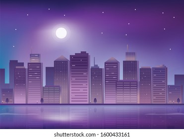 Night city landscape vector illustration. Cityscape vector illustration with skyscraper and purple light. Modern city at night scene 