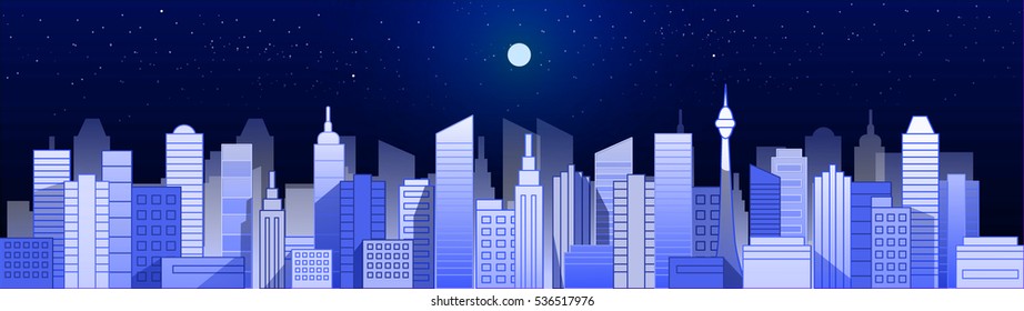 Night city landscape vector illustration. Urban skyline. Background with buildings in flat style.