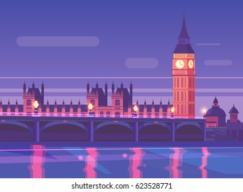 Night city landscape Westminster bridge traffic at night, London England. Vector design illustration for web design development, natural landscape graphics.