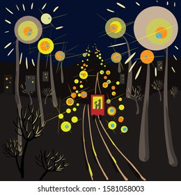 night city lanterns and a tram