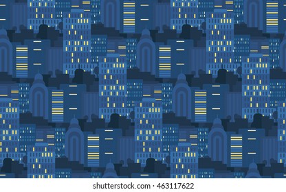 Night City Life Concept Seamless Pattern. Town street. Urban Landscape Banner with buildings, trees, shop, stores, sky and sun. Vector