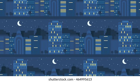 Night City Life Concept Seamless Pattern. Town street. Urban Landscape Banner with buildings, trees, shop, stores, sky and sun. Vector