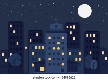 Night City Life Concept. Town street. Urban Landscape Banner with buildings, trees, shop, stores, sky and sun. Vector