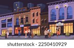Night city life concept. Young people, friends walking along urban streets. Men, women, youth hanging out outdoor in evening, nighttime. Cityscape in midnight, weekend. Flat vector illustration