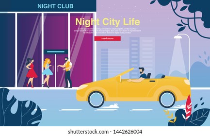 Night City Life Horizontal Banner. Couple Of Young Girls In Fashioned Dresses Enter Club For Spare Time, Staff Open Door, Man In Yellow Cabriolet Car Stand At Entrance Cartoon Flat Vector Illustration