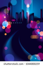 Night city life with street lamps and bokeh blurred lights. Effect vector beautiful background. Blur colorful dark background with cityscape, buildings silhouettes skyline.