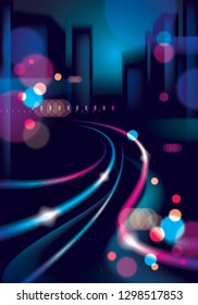 Night city life with street lamps and bokeh blurred lights. Effect vector beautiful background. Blur colorful dark background with cityscape, buildings silhouettes skyline.