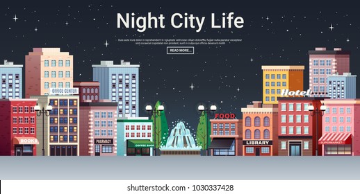 Night City Life Webpage Poster With Picturesque Town Center Business Office And Shopping Area Houses Vector Illustration 