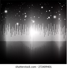 Night city light. dark black sky background. star. vector. Sound waves oscillating. volume. technology.