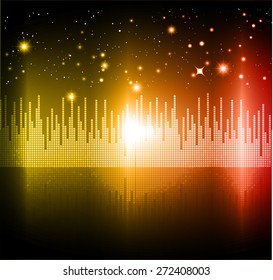 Night city light. dark red orange sky background. star. vector. Sound waves oscillating. volume. technology.