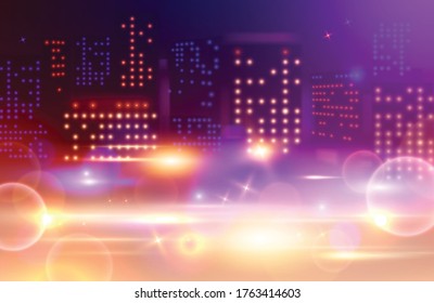 Night City Lights Composition With Tall Building Windows Of Different Colour And Absract Spots Glowing Blurs Vector Illustration