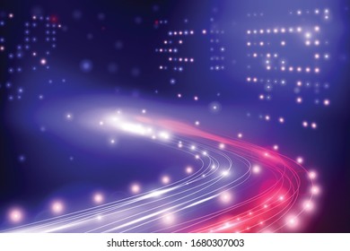 Night city lights composition with view of shining motorway with car lights surrounded by tall buildings vector illustration