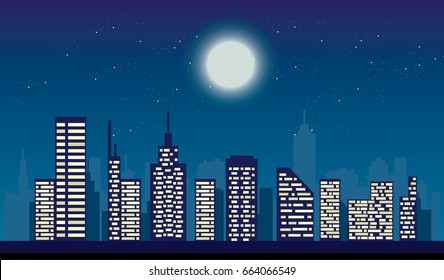 Night City Lights Full Moon Starry Stock Vector (Royalty Free ...