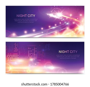 Night city lights horizontal banners set with editable text and glowing building windows with speed motorway vector illustration