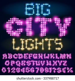 Night city lights lamp neon sign style bold violet font. Vector alphabet