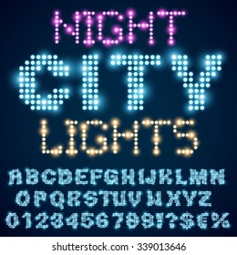 Night city lights lamp neon sign style bold blue font. Vector alphabet