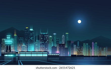 Night city lights with moon