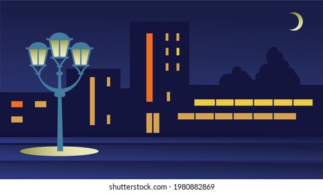 Night city with lights and moon. Vector art illustration
