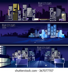 Night city lights nightscape 3 interactive horizontal banners set for  computer wallpaper or webpage abstract isolated vector illustration