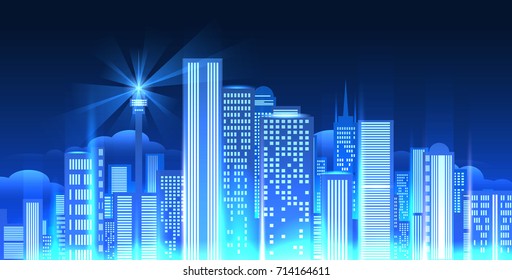 Night city lights panorama. Vector dusk evening cityscape like New York or London for big town lifestyle scene