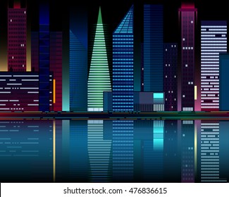 Night city lights reflected in the water. Vector illustration.