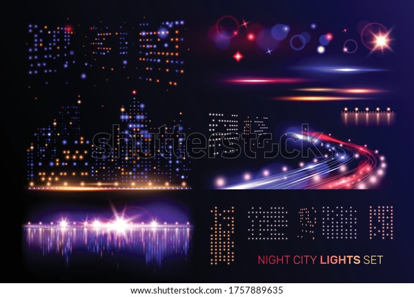 Night city lights set with flashing windows\
of high buildings motorway car headlights and river bridges vector\
illustration