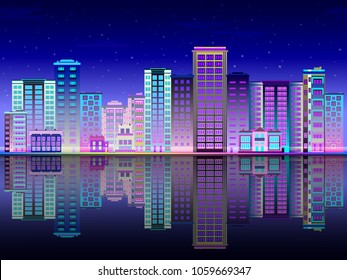 Night city in lights skyline with multistorey buildings standing on river bank and reflection in water. Beautiful luminous town landscape in evening time. Flat vector illustration.