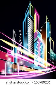Night City Lights. Vector illustration car traffic and the night lights of the city