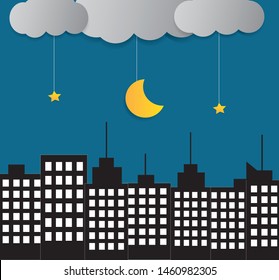 Night city lights,moon and starry sky vector cityscape illustration, flat