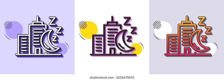 Night city line icon. Halftone dotted pattern. Gradient icon with grain shadow. Skyscraper sleep sign. Building with moon symbol. Line night city icon. Various designs. Vector