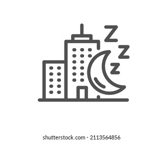 Night city line icon. Skyscraper sleep sign. Building with moon symbol. Quality design element. Linear style night city icon. Editable stroke. Vector