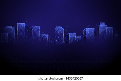 Night city. lines, triangles and particle style design. Illustration vector