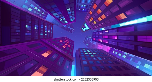 Night city low angle view at skyscrapers against dark sky with stars. Neon glowing high buildings upwards, highrise urban architecture with light reflection in windows, Cartoon vector illustration