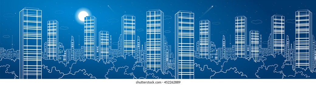 Night city mega panorama. Skyscrapers, white lines, urban skyline, neon town, business building, vector design art
