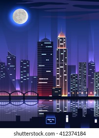 Night city. Megapolis high skyscrapers. Great big business city with a very high office buildings reflected in the river in the rays of light on background of moon night. Vector illustration