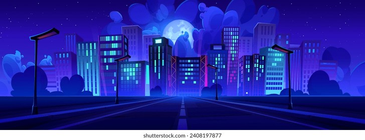 Night city with modern skyscrapers and highway perspective. Vector cartoon illustration of dark town with neon windows, street lights along road, high-rise buildings, moon and clouds in starry sky