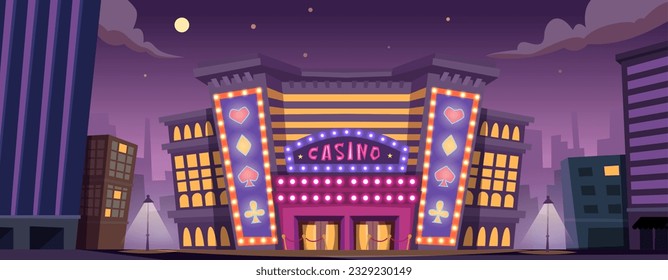 Night city. Modern urban building in night landscape entertainment houses exact vector cartoon template