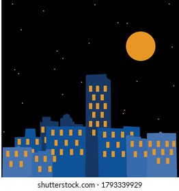 night city with the moon and stars