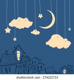 Night city. The moon, the stars and clouds on strings