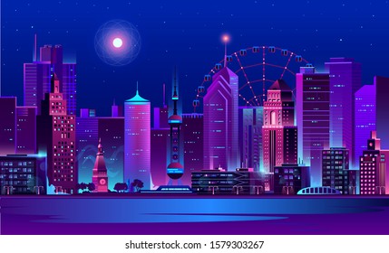 Night city in the moonlight. Flat Vector Illustration Cartoon. Design in bright neon colors. Abstract modern technology. 