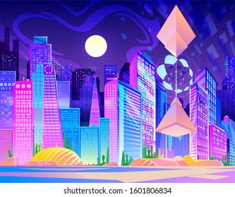 Night city in the moonlight. Flat Vector Illustration Cartoon. Design in bright neon colors. Abstract modern technology. Egyptian pyramids in the rays of the moon soar in zero gravity. 