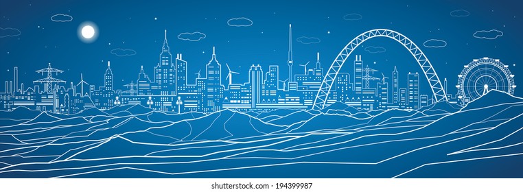 Night city in mountains, vector design industrial panorama