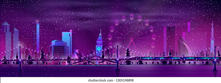 Night city neon colors cartoon vector panoramic background with old clock tower among modern skyscrapers, Ferris wheel and high-speed or subway train going on bridge over bay in snowfall illustration