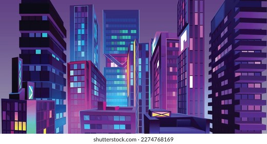 Night city with neon glowing illumination view from roof. Modern futuristic megalopolis architecture buildings. Urban cityscape background with residential constructions, Cartoon vector Illustration